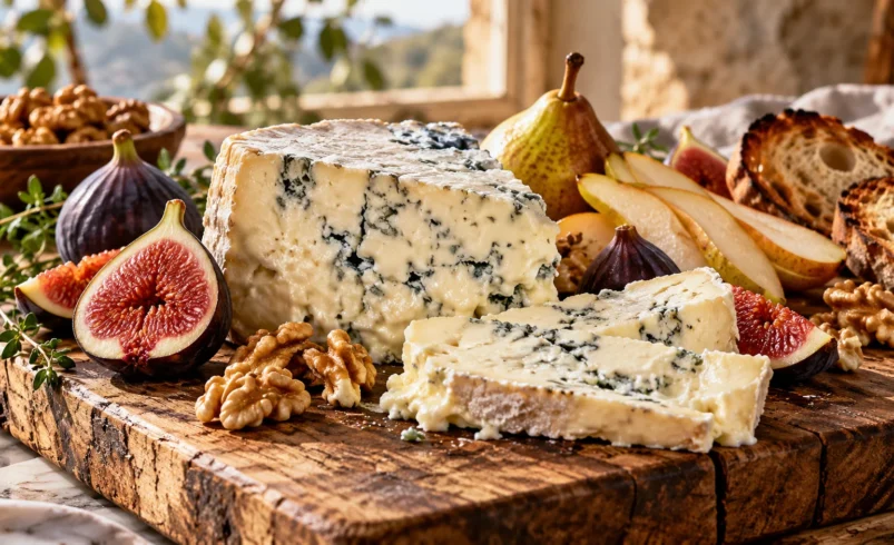 Masgonzola cheese with creamy white mascarpone layers, blue-veined Gorgonzola, fresh pears, walnuts and toasted bread.